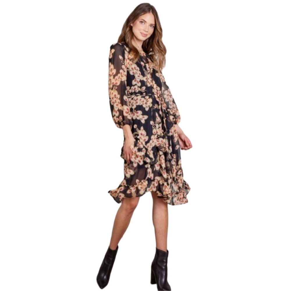 NWOT SENLIS Antoinette Long Sleeve Midi Dress Black, S